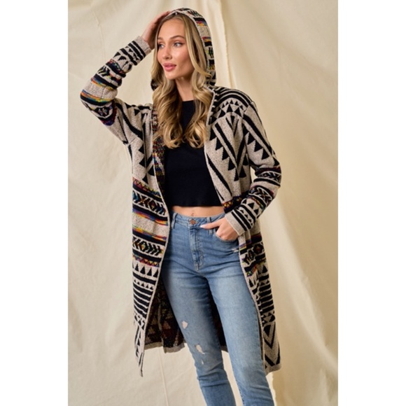 Oatmeal Multi Rainbow Aztec Jacquard Hooded Knit Open Cardigan Western Sweater - Picture 3 of 7